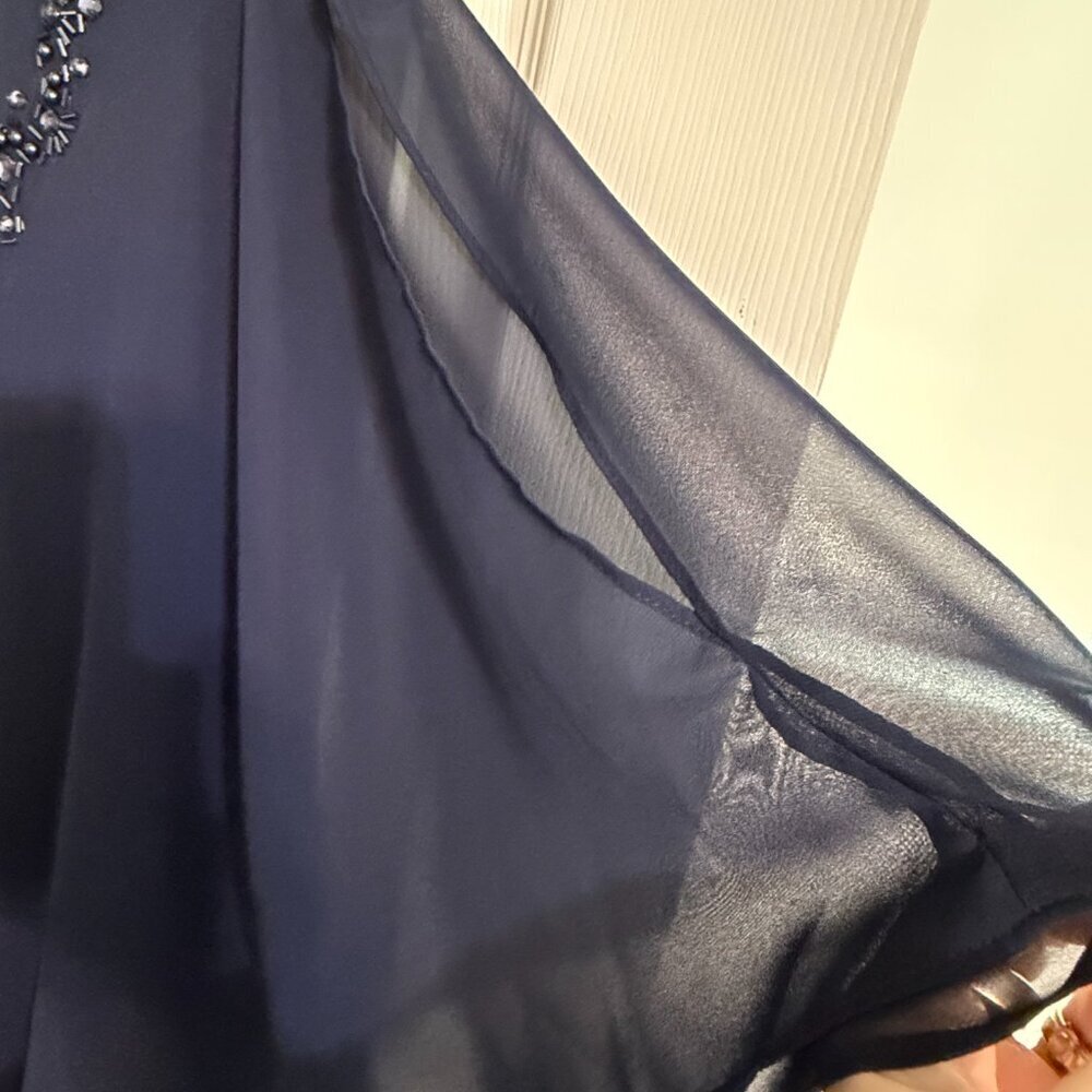 Jeweled V-Neck Chiffon Overlay Flutter Short-Sleeve Navy Blue Shift Dress - Picture 6 of 8